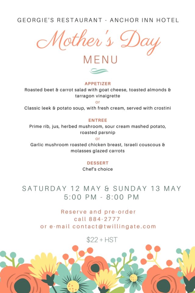 Mother's Day menu at Georgie's Restaurant at the Anchor Inn Hotel in Twillingate